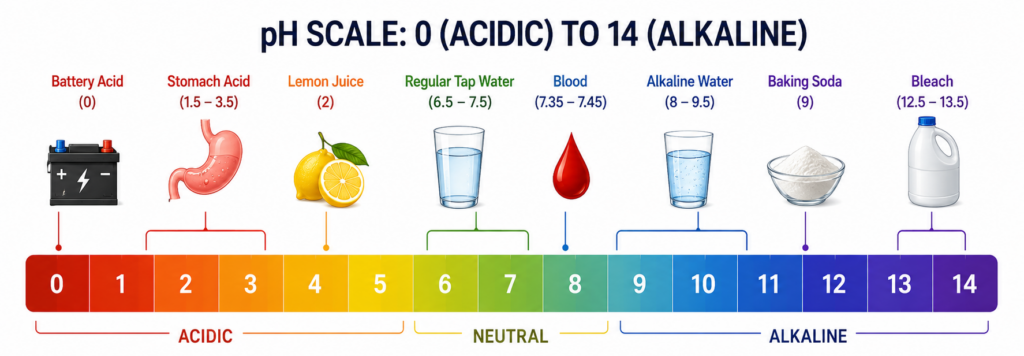 pH scale showing where alkaline water sits compared to regular water stomach acid and blood