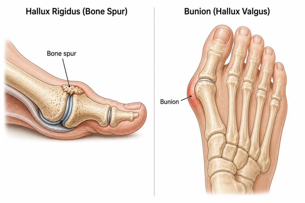bone spur on big toe versus bunion diagram showing hallux rigidus joint differences