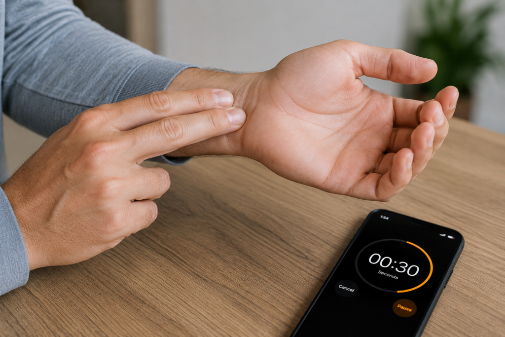 person checking resting heart rate by pressing fingers on inner wrist