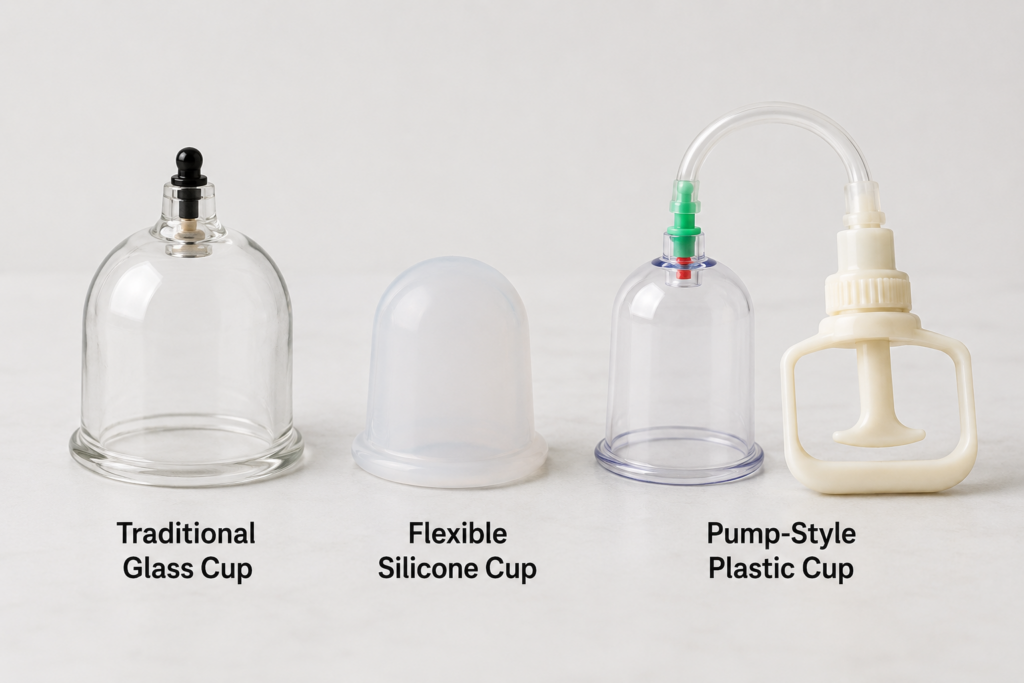 three types of cupping therapy tools glass silicone and pump style cups side by side
