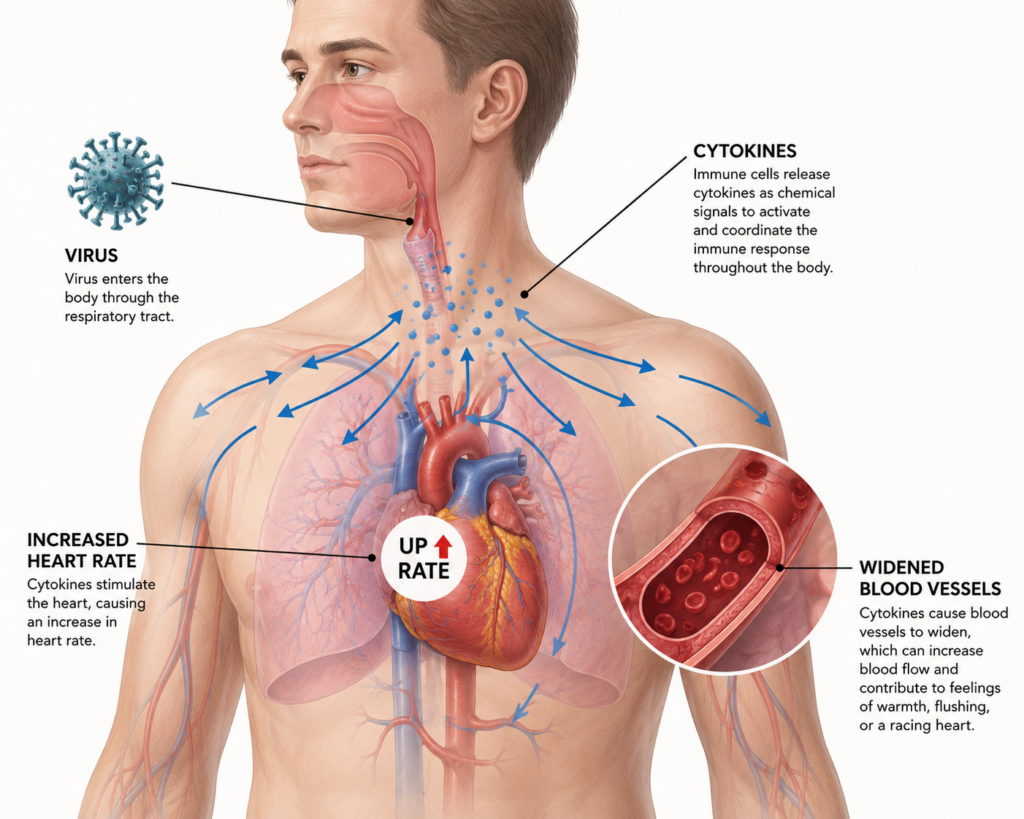 diagram showing how fever and cytokines cause elevated heart rate during illness