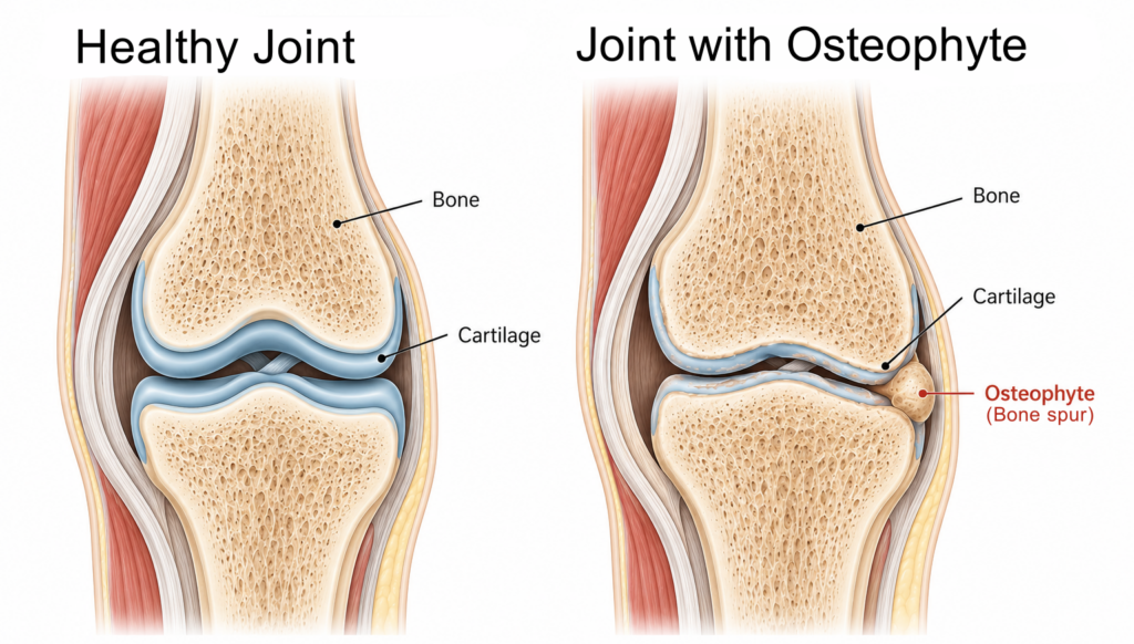 bone spur osteophyte diagram showing extra bone growth at joint edge due to cartilage loss
