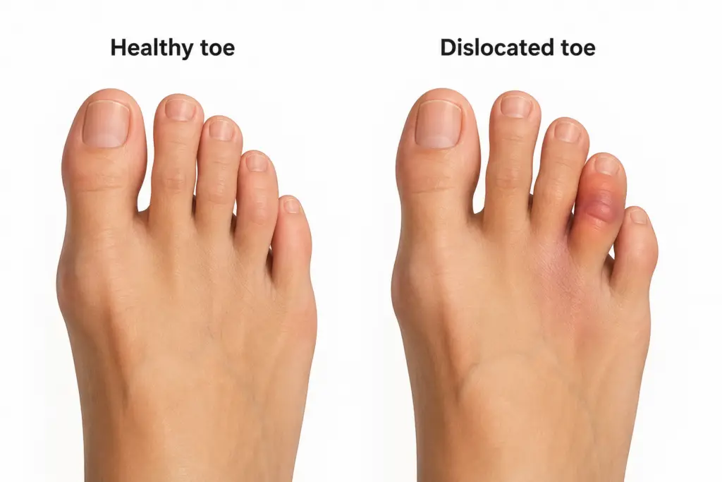 close up of a dislocated toe showing visible deformity and swelling after joint injury