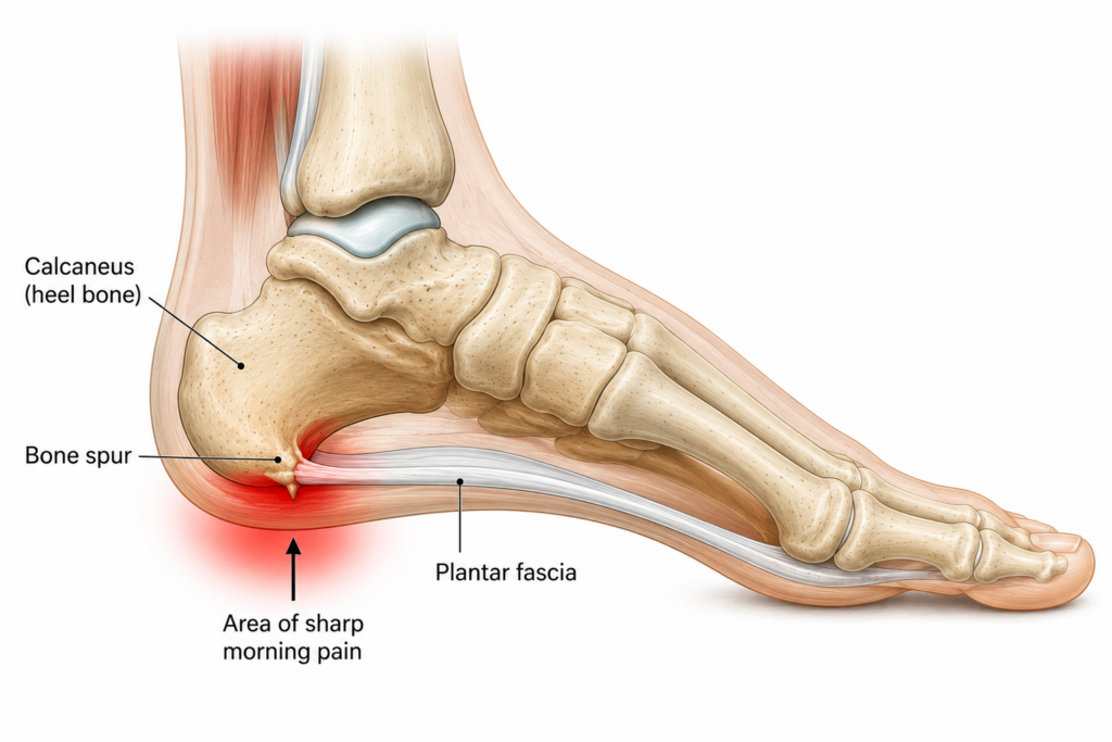 heel bone spur diagram showing plantar fascia attachment point and calcaneus
