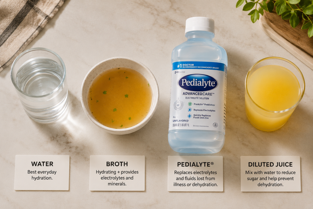 hydration options for sick person including water broth and oral rehydration drink to reduce elevated heart rate