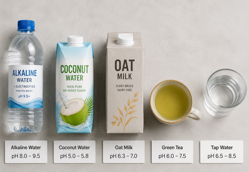 comparison of alkaline water coconut water oat milk green tea showing actual pH values