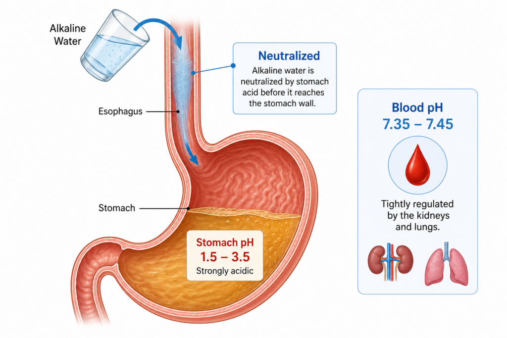 diagram showing how stomach acid neutralizes alkaline water before it affects blood pH