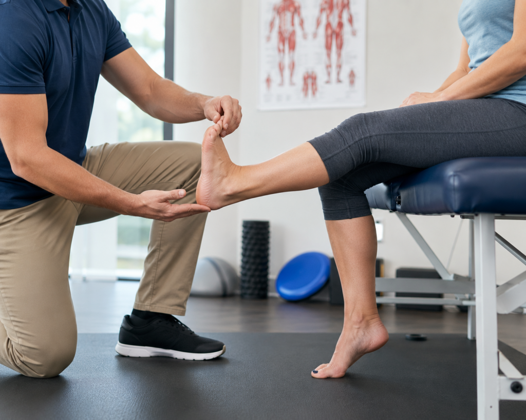 physical therapist demonstrating heel bone spur stretching exercises for plantar fascia