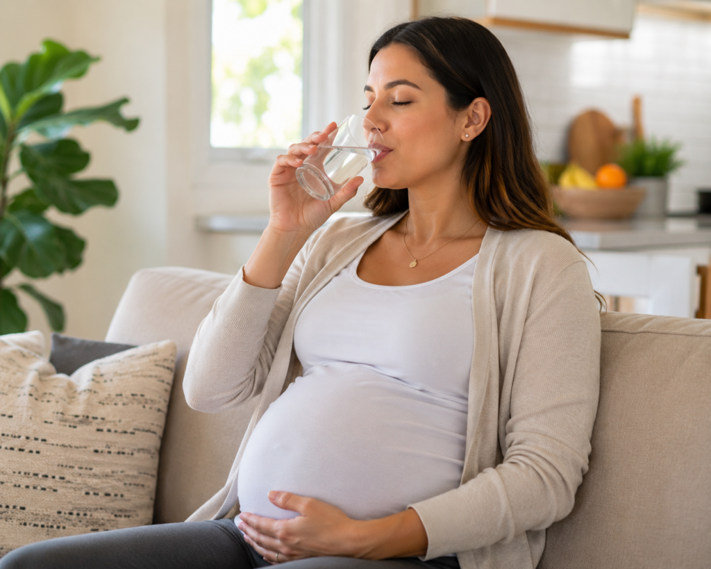 pregnant woman drinking water at home staying hydrated during pregnancy