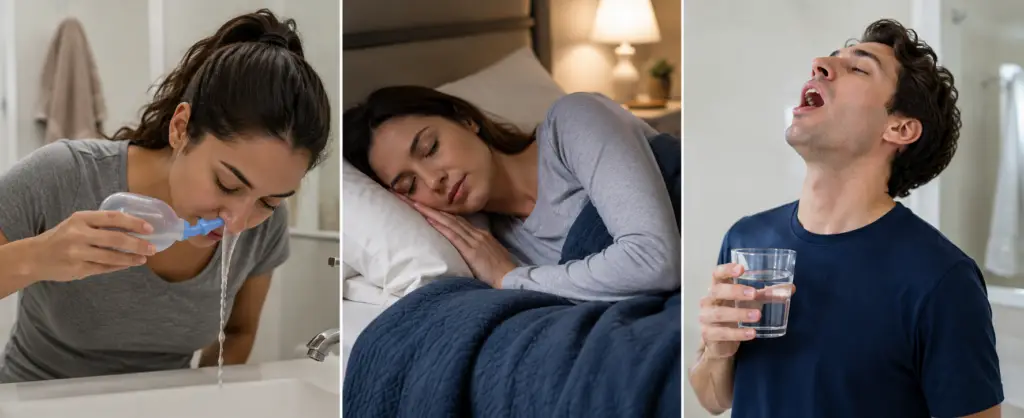 how to relieve morning sore throat with nasal rinse and sleep position