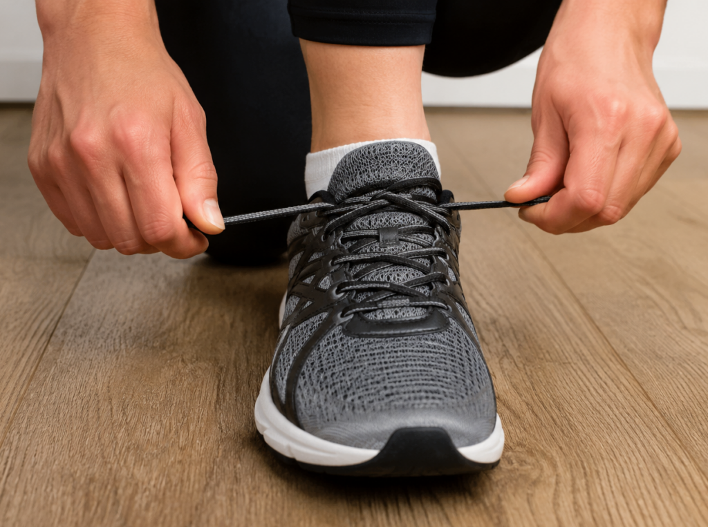 person wearing well-fitted athletic shoes to prevent dislocated toe and foot injuries