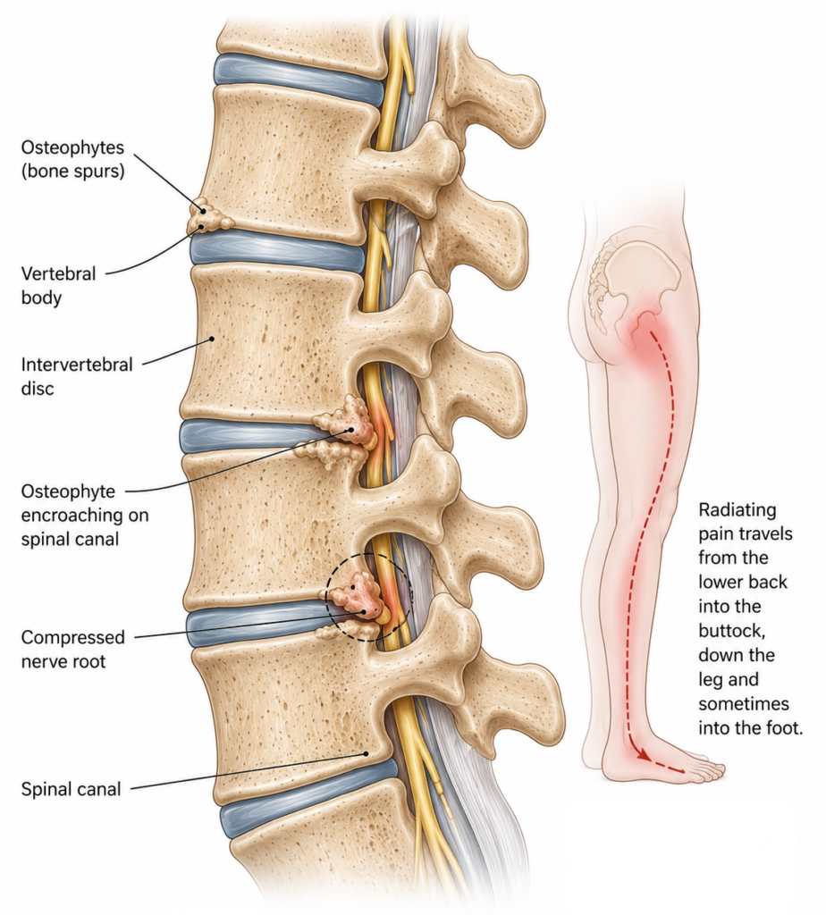 spinal bone spur diagram showing vertebrae osteophyte pressing on nerve root causing back pain