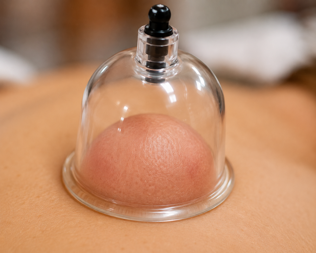athlete showing circular cupping therapy marks on back and shoulders after recovery session