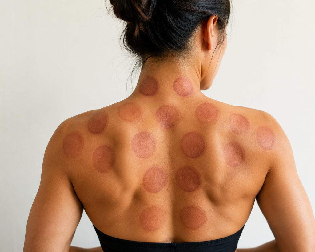 athlete showing circular cupping therapy marks on back and shoulders after recovery session