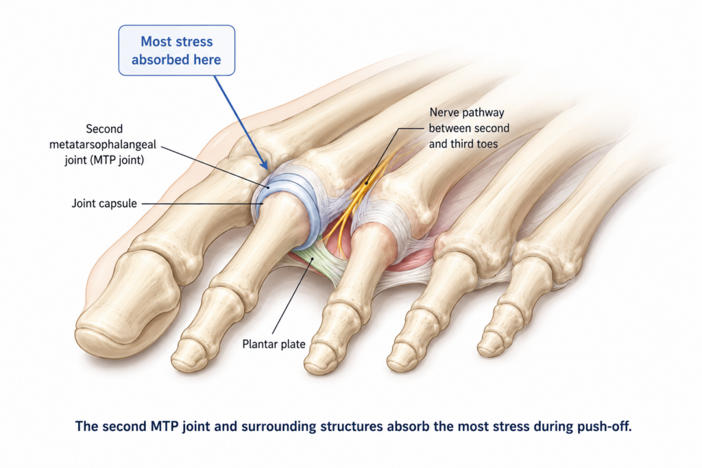 foot anatomy diagram showing second toe joint capsule plantar plate and nerve pathway