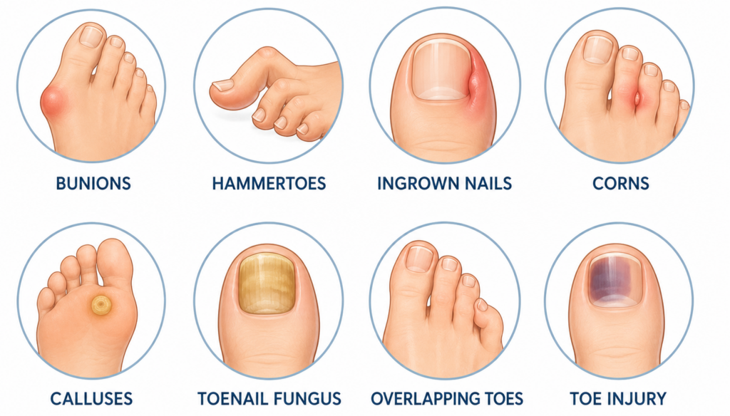 icons showing common toe problems such as bunions and hammertoes