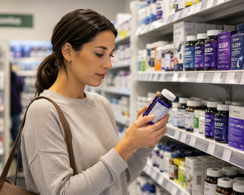 adult reading sleep gummies supplement label in pharmacy
