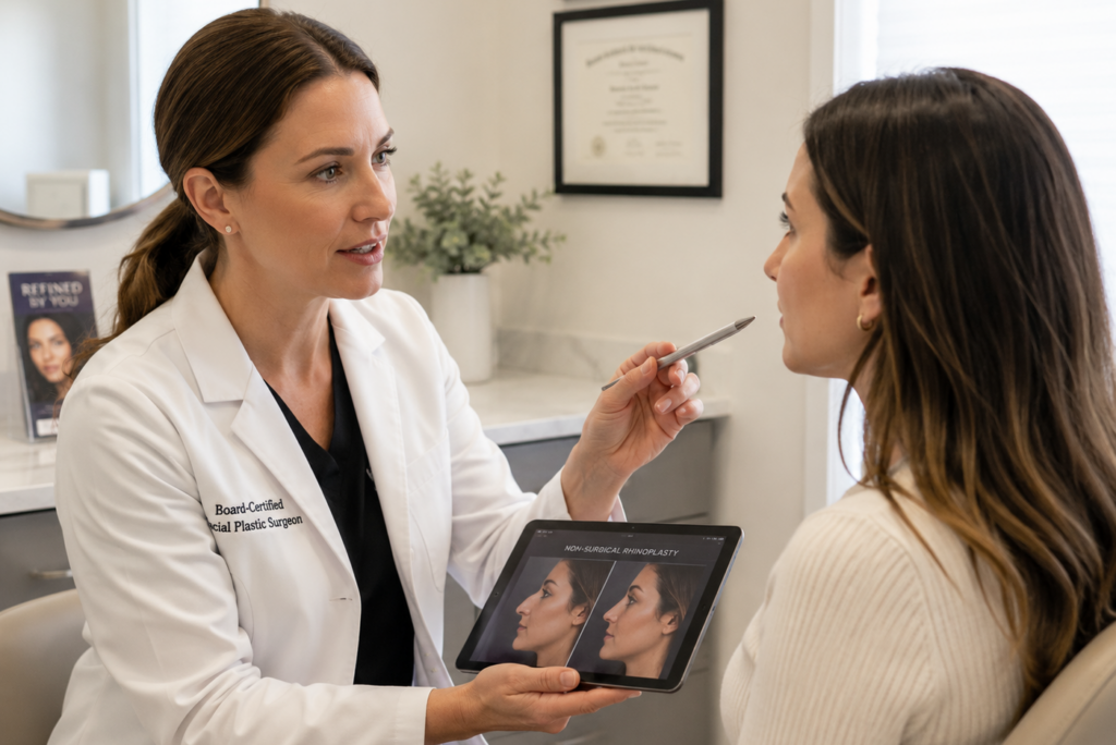board certified provider consulting patient before non surgical rhinoplasty procedure