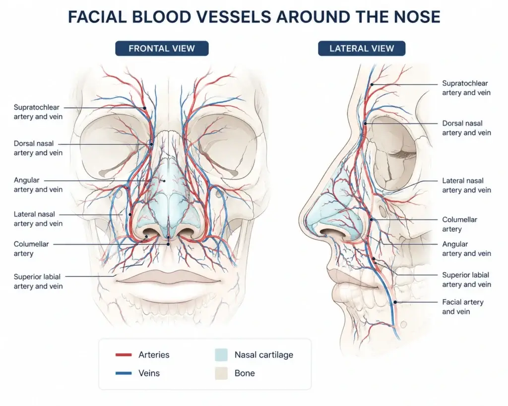 facial blood vessel anatomy around the nose relevant to non surgical rhinoplasty risks