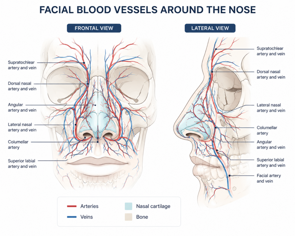 facial blood vessel anatomy around the nose relevant to non surgical rhinoplasty risks