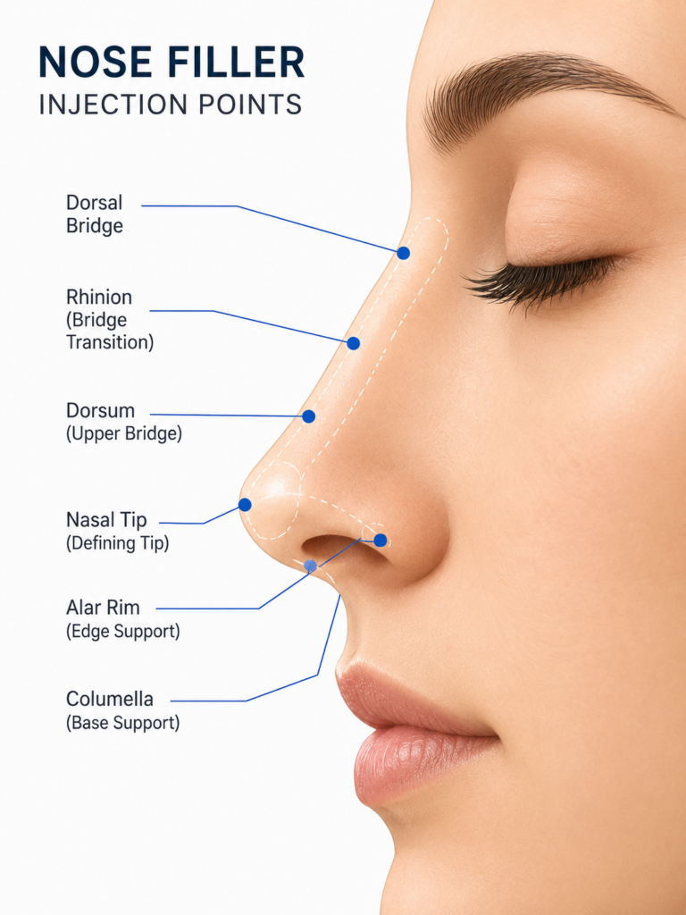 diagram showing non surgical rhinoplasty filler injection points on the nose