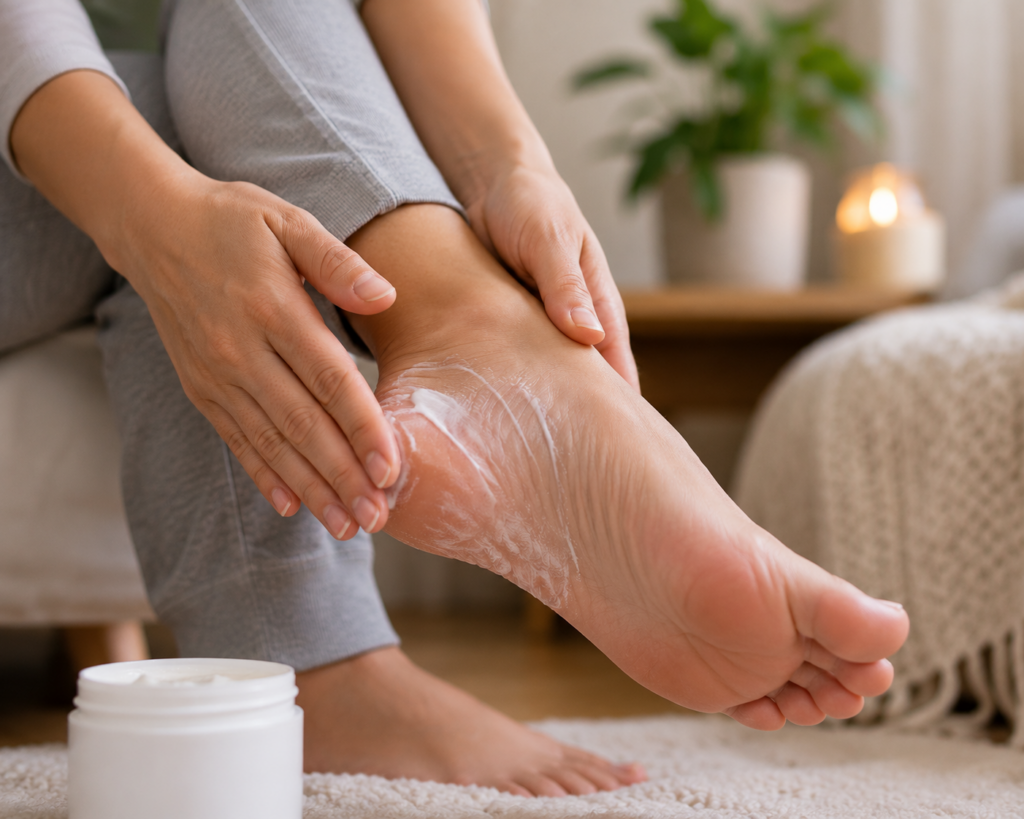 itchy feet treatment at home applying fragrance free moisturizer to dry skin on feet