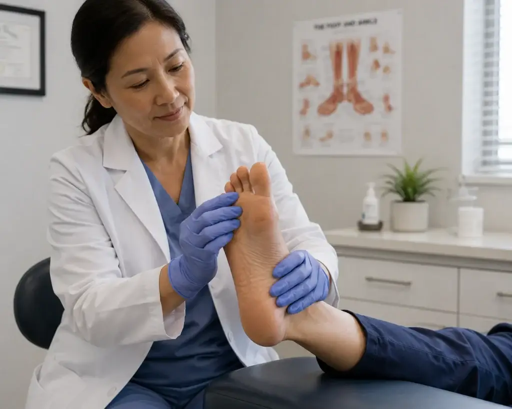 doctor examining feet itching symptoms during a medical consultation