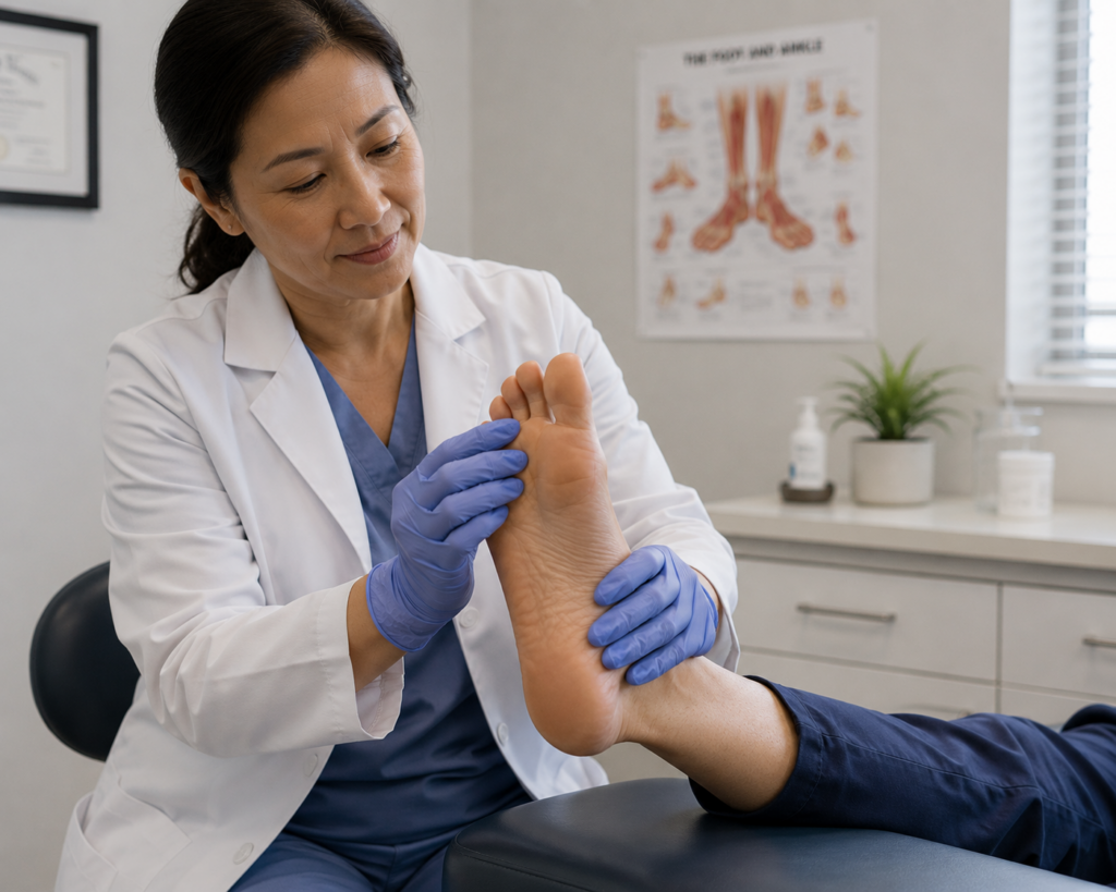 doctor examining feet itching symptoms during a medical consultation