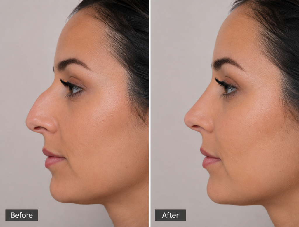 non surgical rhinoplasty before and after nose reshaping results profile view