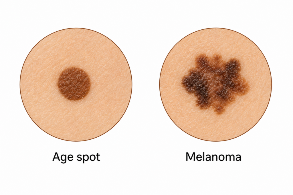 side by side comparison of age spot and melanoma showing border color and shape differences