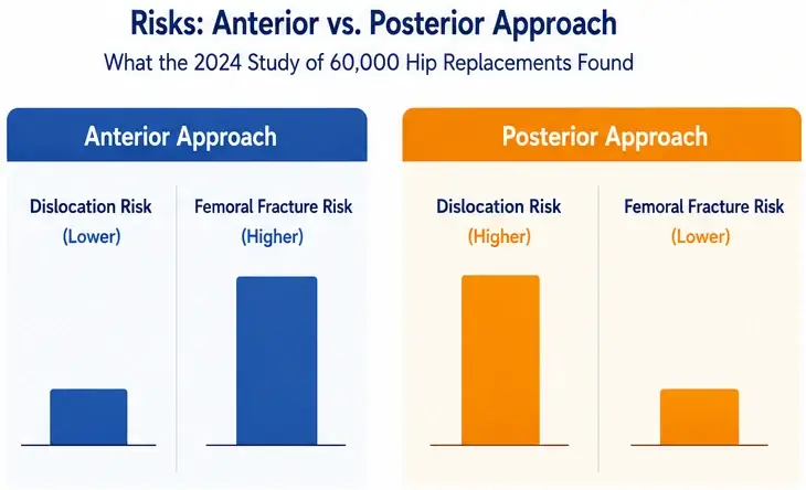 Chart comparing dislocation and fracture risk between anterior and posterior hip replacement