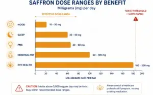 Chart comparing saffron dosage in milligrams by goal, mood, sleep, PMS and eye health