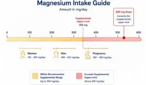 Chart showing daily magnesium needs and the supplemental upper limit