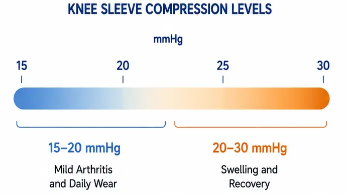 Chart showing knee sleeve compression levels from 15 to 30 mmHg by use case