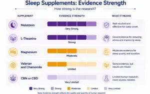 Chart showing sleep gummy ingredients ranked by evidence strength