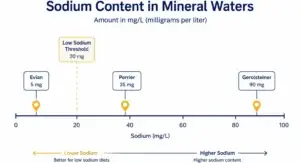 Chart showing sodium levels in mineral water brands against a low sodium threshold