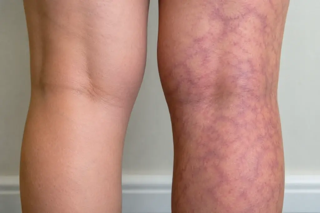 Close up of mottled legs showing purple and blotchy skin discoloration pattern