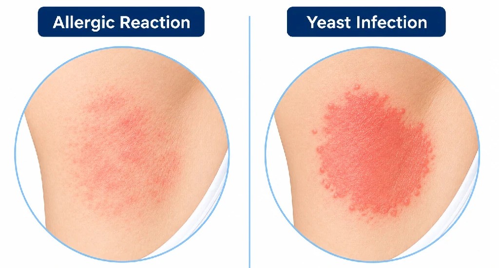 Comparing armpit rash from allergic reaction and yeast infection under armpit