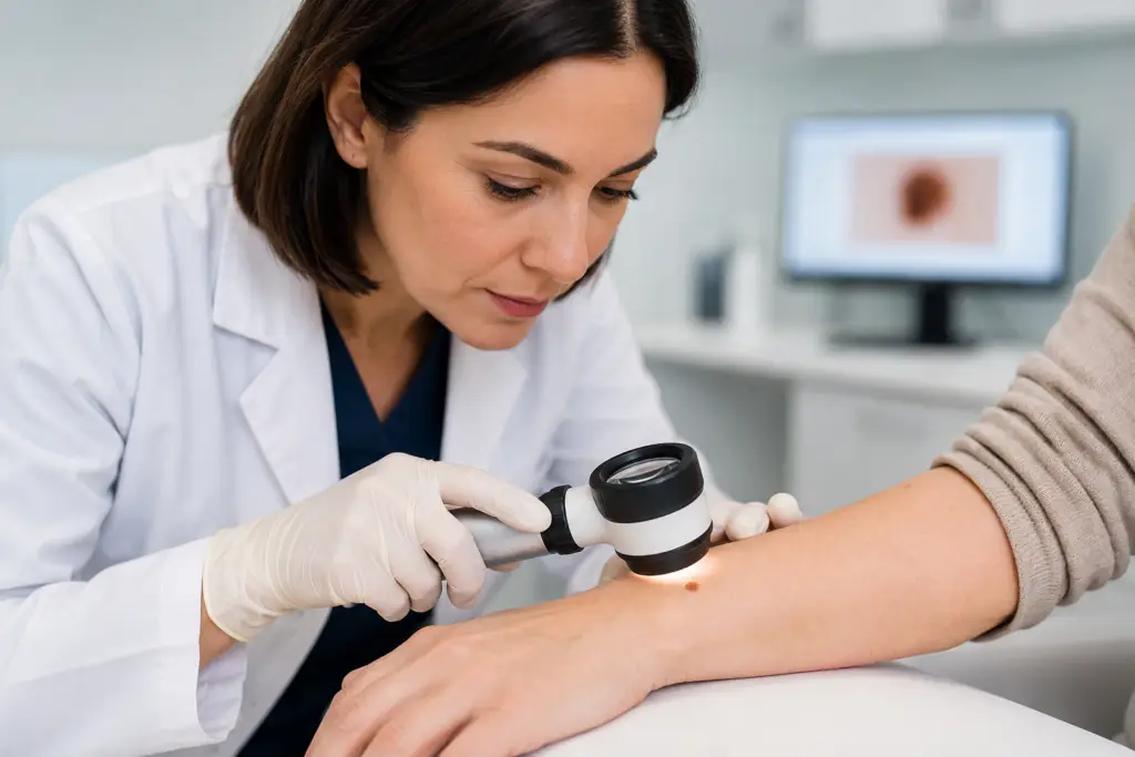 dermatologist examining skin spot with dermatoscope during skin cancer screening