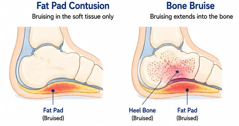 Diagram comparing a fat pad contusion to a bone bruise in the heel