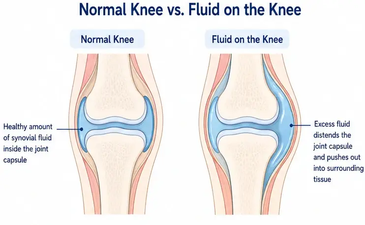 Diagram comparing a normal knee joint to a knee joint with fluid buildup