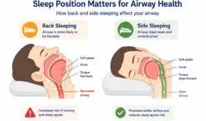 Diagram comparing airway blockage in back sleeping versus open airway in side sleeping