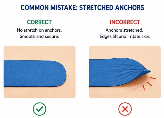 Diagram comparing correct tape application to a common stretched anchor mistake