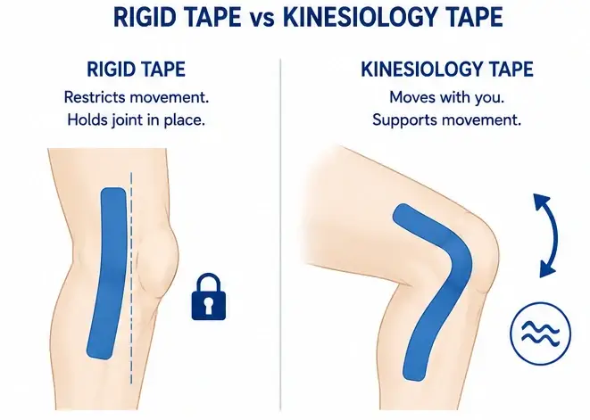Diagram comparing how rigid tape restricts movement versus how kinesiology tape flexes with the knee