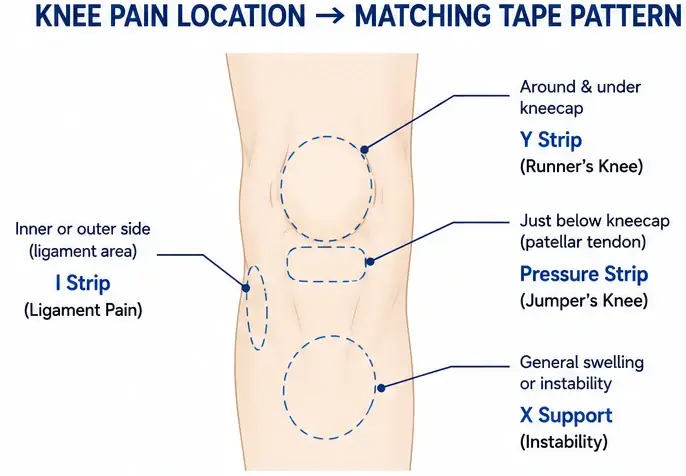 Diagram mapping knee pain locations to the matching KT tape pattern