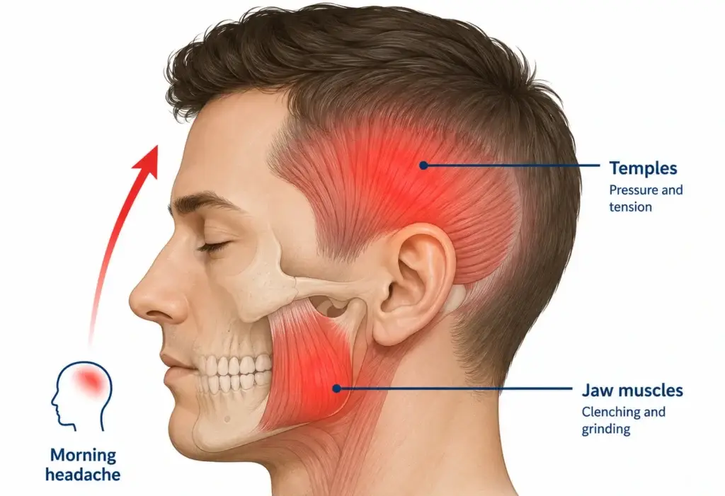 Diagram of jaw and temple muscle tension from teeth grinding causing morning headaches