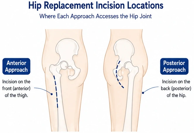 Diagram showing anterior and posterior hip replacement incision locations