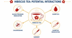 Diagram showing hibiscus tea interactions with blood pressure medication, diuretics and other drugs