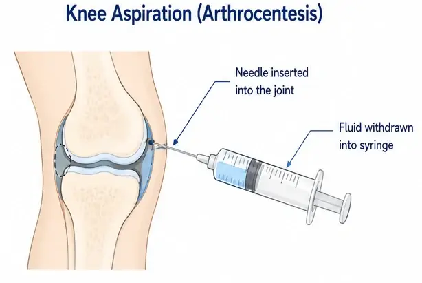 Diagram showing how a doctor performs knee fluid aspiration