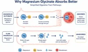 Diagram showing how glycine bonded magnesium is absorbed differently than plain magnesium
